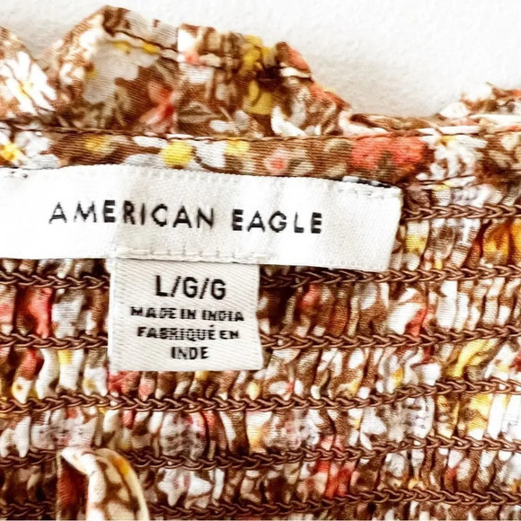 American Eagle Size Large Ditsy‎ Floral Top Smocking High Neck Brown Fall Tones - Picture 3 of 7